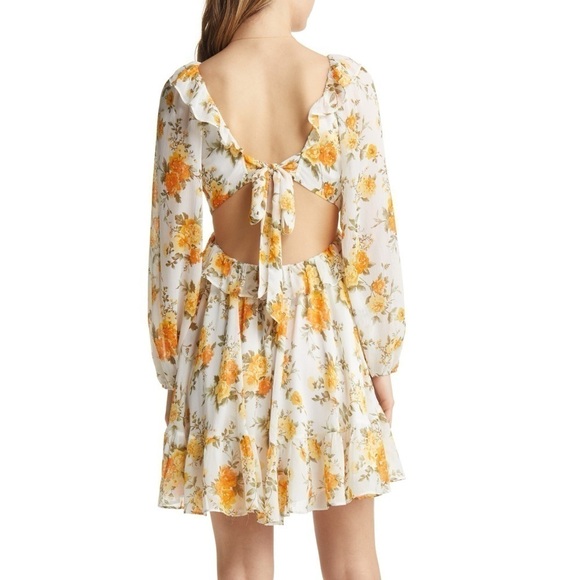 Vici Dresses & Skirts - NWOT VICI Floral Long Sleeve Cutout Chiffon Babydoll Dress in Yellow Multi, S